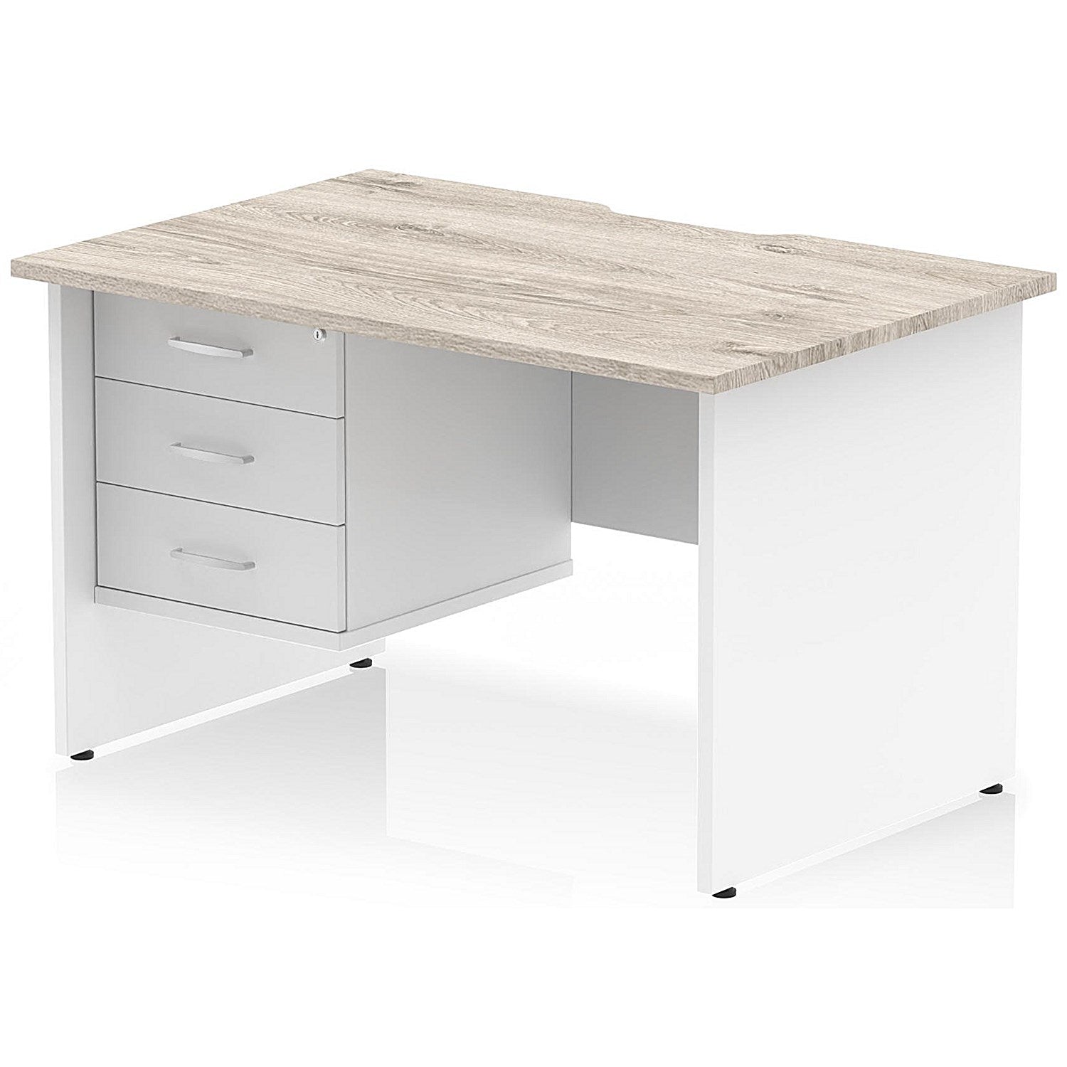 Impulse 1200mm Two-Tone Scalloped Edge Rectangular Desk, White Panel End Legs, Grey Oak, With 1 x 3 Drawer Fixed Pedestal Easy2Order : TT000334
