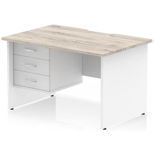 Impulse 1200mm Two-Tone Scalloped Edge Rectangular Desk, White Panel End Legs, Grey Oak, With 1 x 3 Drawer Fixed Pedestal Easy2Order : TT000334