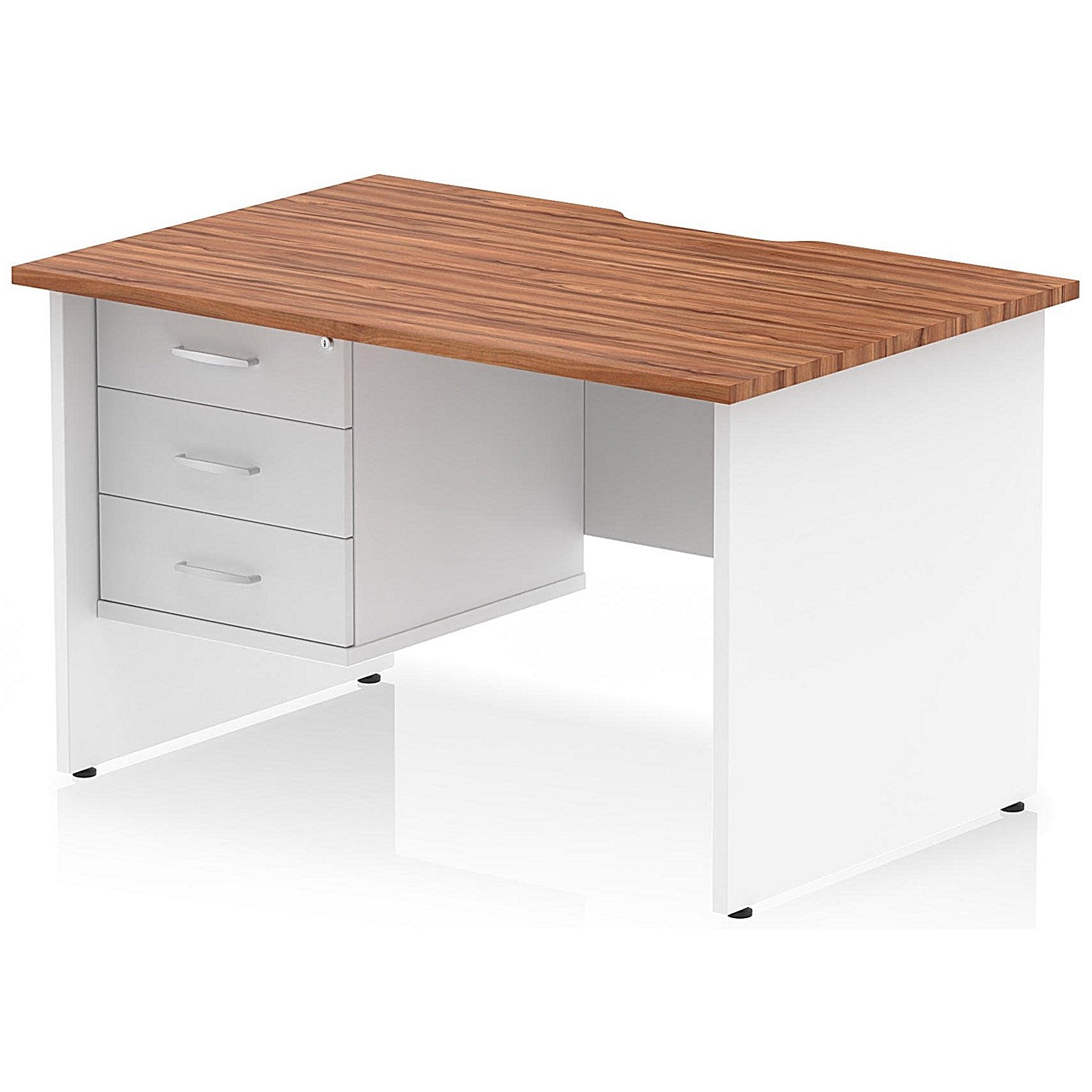 Impulse 1200mm Two-Tone Scalloped Edge Rectangular Desk, White Panel End Legs, Walnut, With 1 x 3 Drawer Fixed Pedestal Easy2Order : TT000337