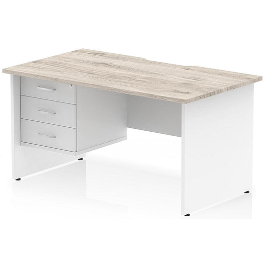 Impulse 1400mm Two-Tone Scalloped Edge Rectangular Desk, White Panel End Legs, Grey Oak, With 1 x 3 Drawer Fixed Pedestal Easy2Order : TT000339