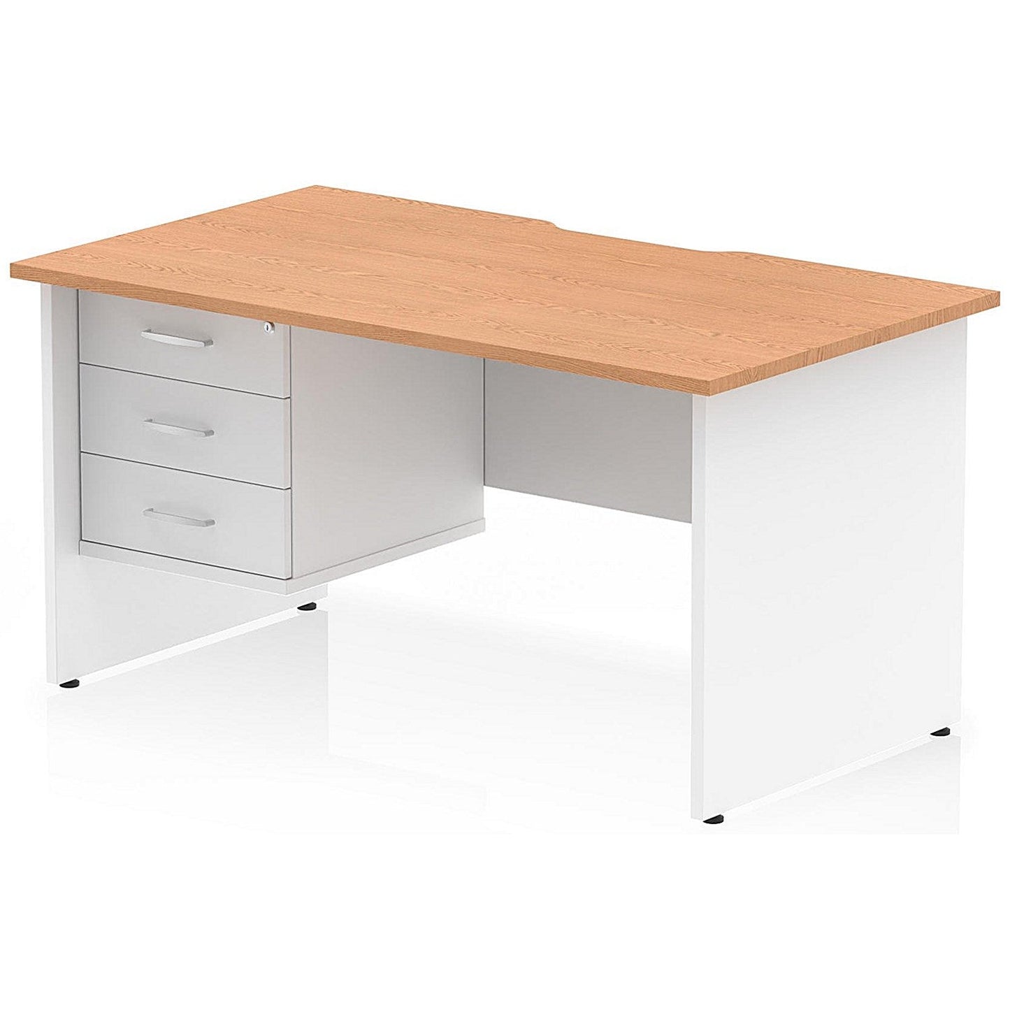 Impulse 1400mm Two-Tone Scalloped Edge Rectangular Desk, White Panel End Legs, Oak, With 1 x 3 Drawer Fixed Pedestal Easy2Order : TT000341