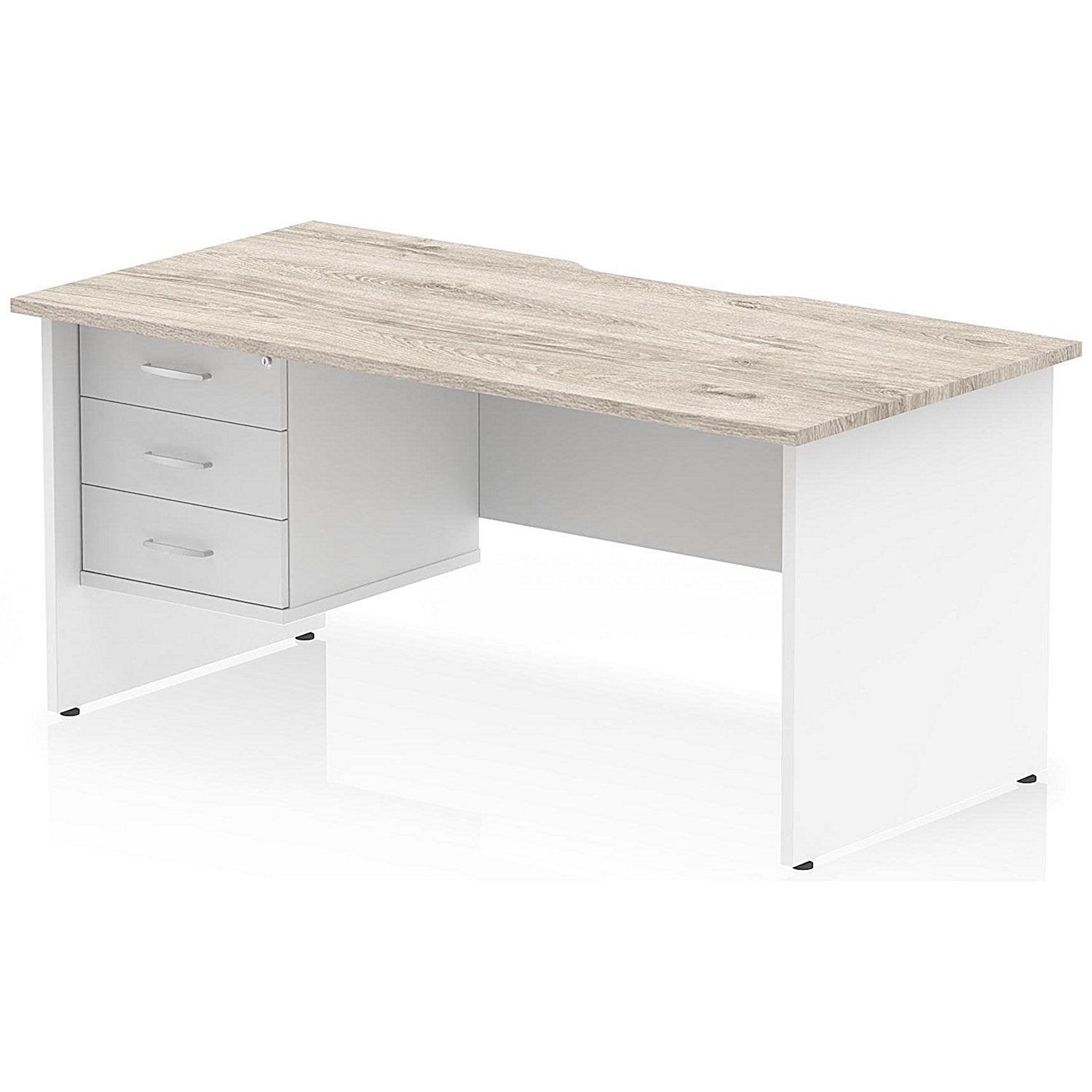 Impulse 1600mm Two-Tone Scalloped Edge Rectangular Desk, White Panel End Legs, Grey Oak, With 1 x 3 Drawer Fixed Pedestal Easy2Order : TT000344