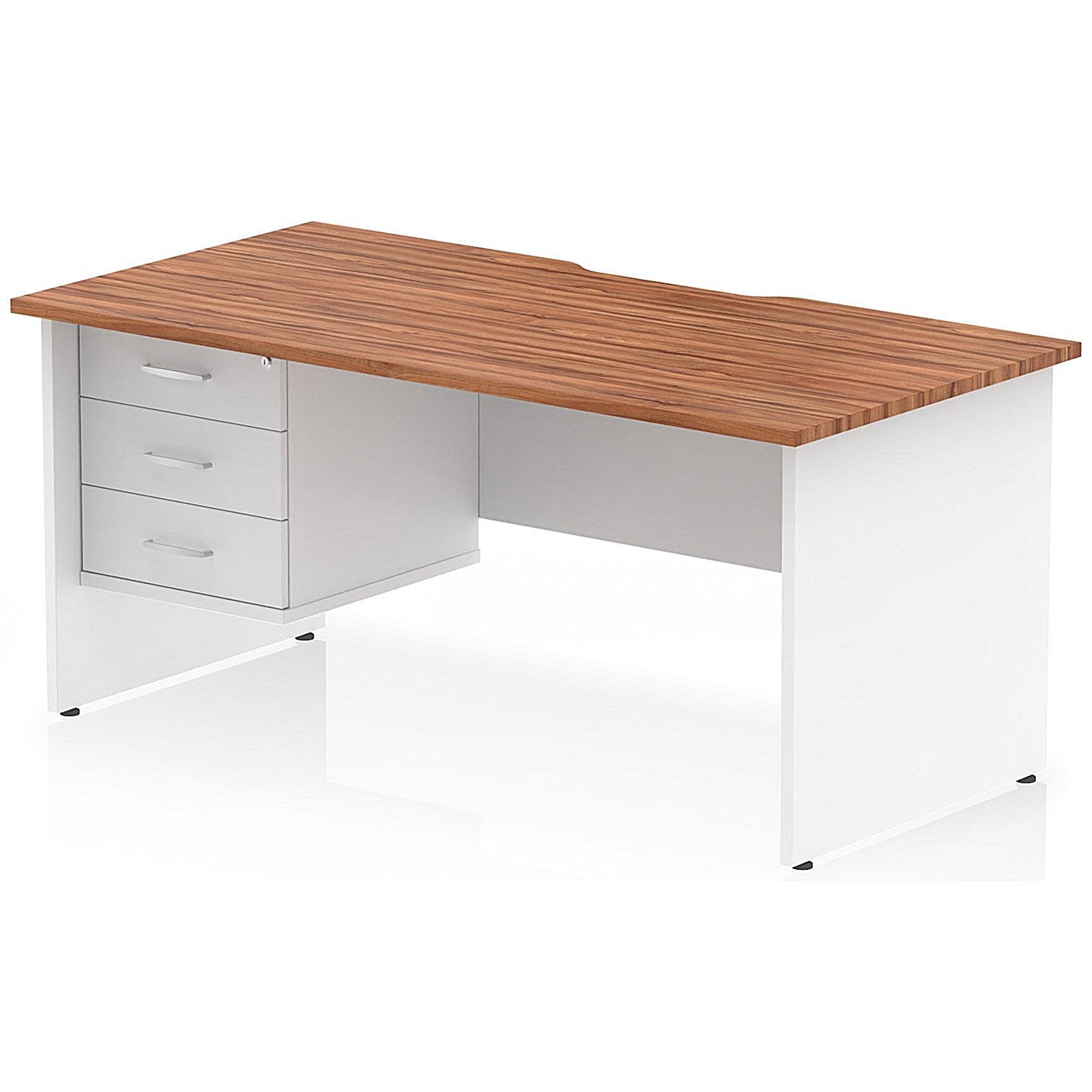 Impulse 1600mm Two-Tone Scalloped Edge Rectangular Desk, White Panel End Legs, Walnut, With 1 x 3 Drawer Fixed Pedestal Easy2Order : TT000347
