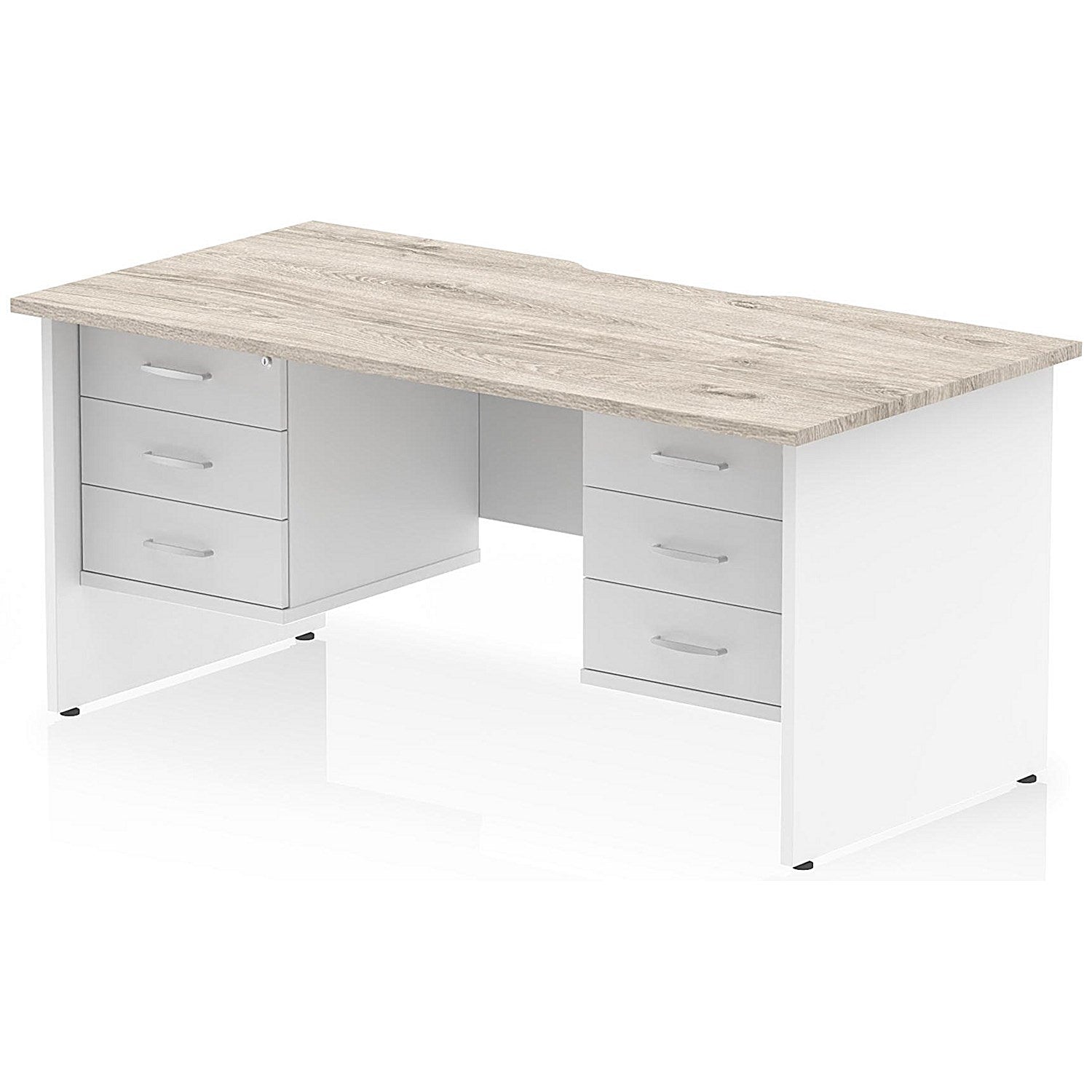 Impulse 1600mm Two-Tone Scalloped Edge Rectangular Desk, White Panel End Legs, Grey Oak, With 2 x 3 Drawer Fixed Pedestals Easy2Order : TT000364