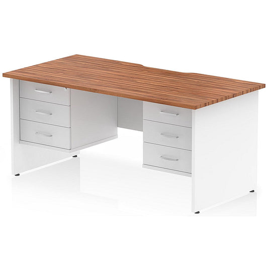 Impulse 1600mm Two-Tone Scalloped Edge Rectangular Desk, White Panel End Legs, Walnut, With 2 x 3 Drawer Fixed Pedestals Easy2Order : TT000367