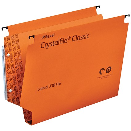 Rexel Crystalfile Classic Manilla Lateral Suspension Files, 330mm Width, 30mm Square Base, Orange, Pack of 25