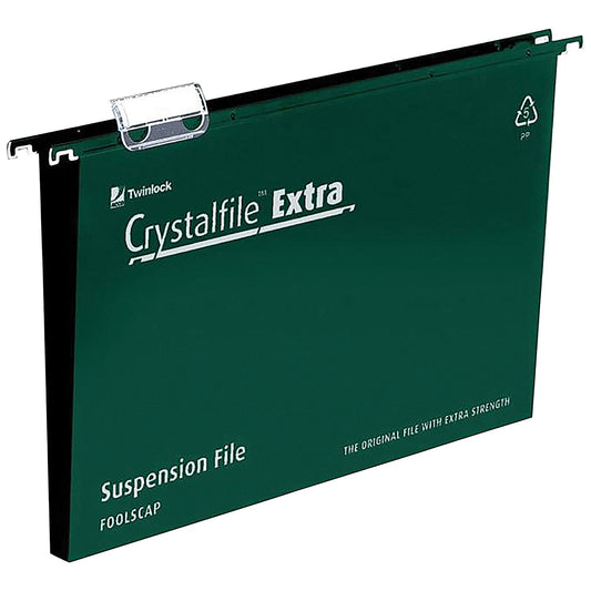Rexel Crystalfile Extra Polypropylene Suspension Files, Square Base, 50mm Capacity, Foolscap, Green, Pack of 25