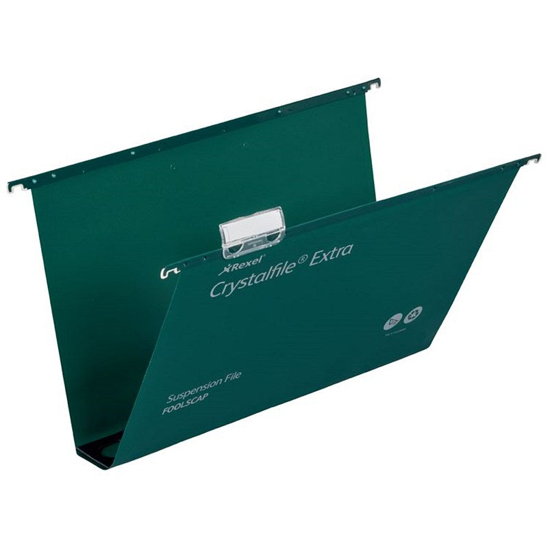 Rexel Crystalfile Extra Polypropylene Suspension Files, Square Base, 50mm Capacity, Foolscap, Green, Pack of 25