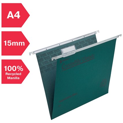 Rexel Crystalfile Classic Manilla Suspension Files, V Base, A4, Green, Pack of 50