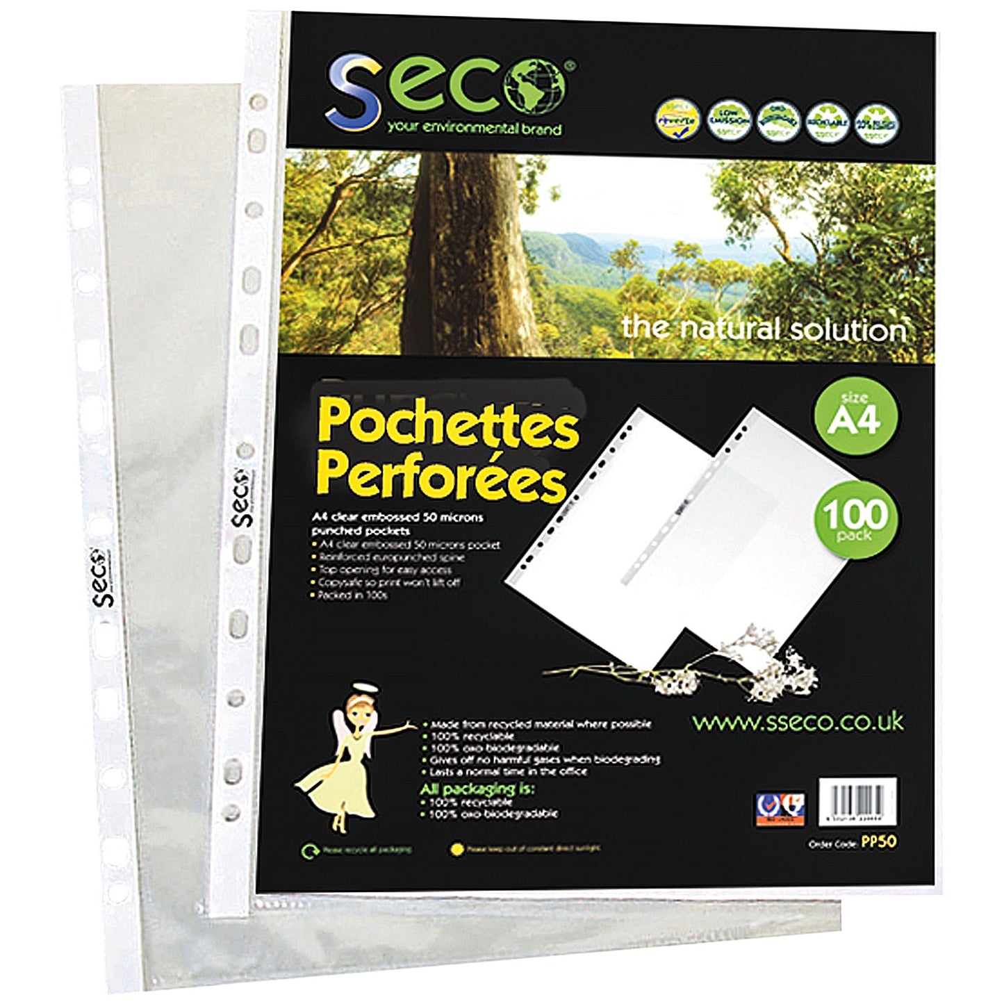 Stewart Superior Seco Eco A4 Punched Pockets, 50 Micron, Top Opening, Pack of 100