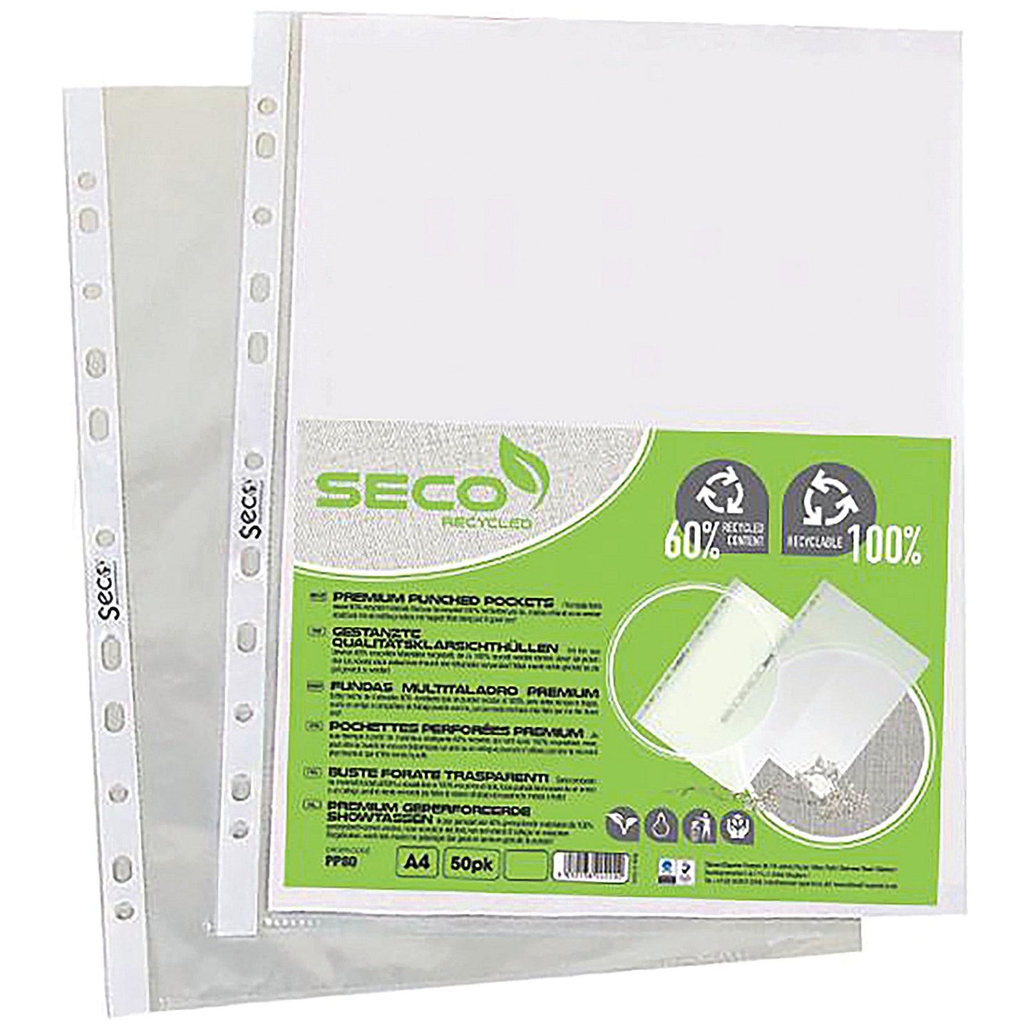 Stewart Superior Seco Eco A4 Punched Pockets, 80 Micron, Top Opening, Pack of 50