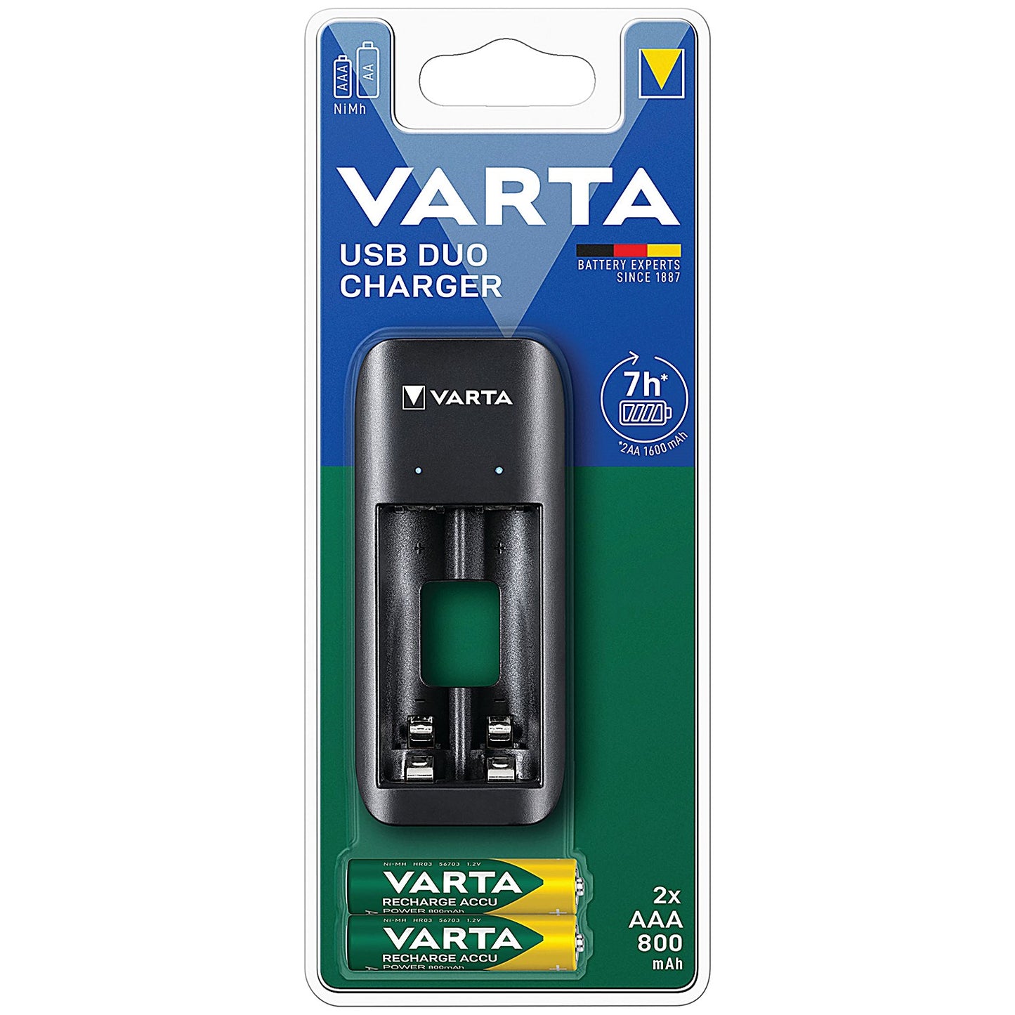 Varta USB Duo AA and AAA Batteries Charger, Includes 2 x AAA Rechargeable Batteries