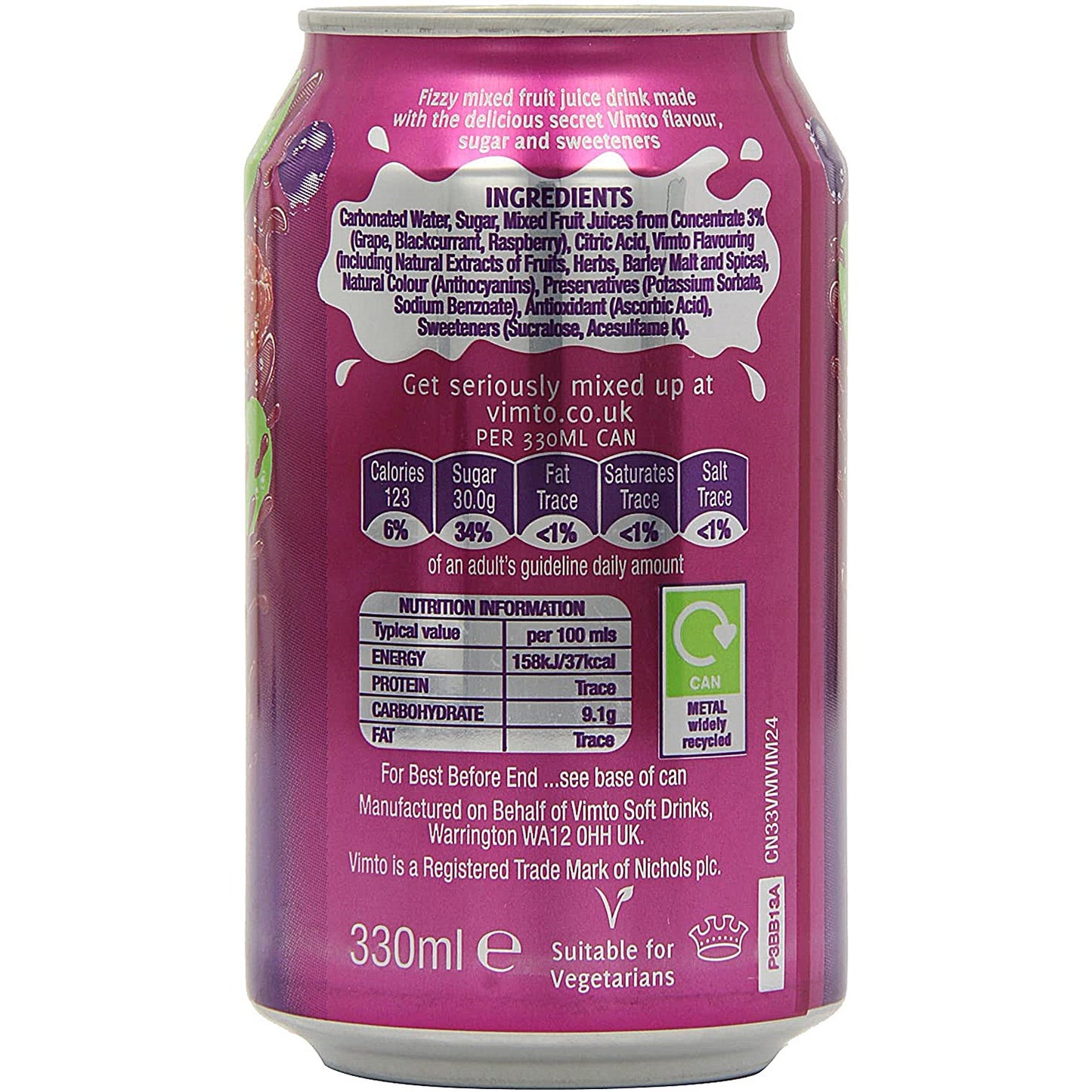 Vimto Fizzy Fruit Juice, 24x330ml Cans