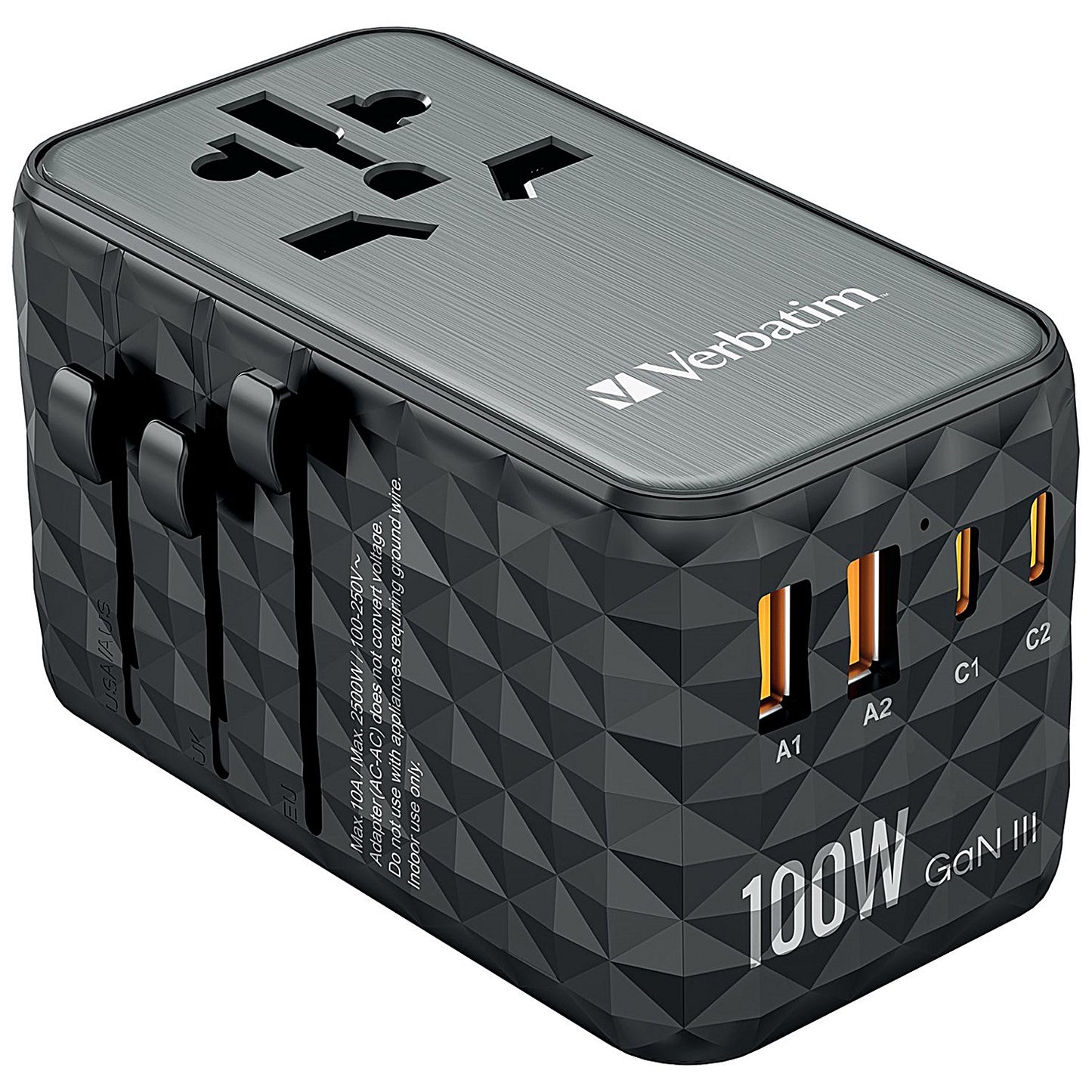 Verbatim UTA-06 GaN III Universal Travel Adapter, 2x USB-C PD 100W + QC4+/2x USB-A QC 3.0, Black