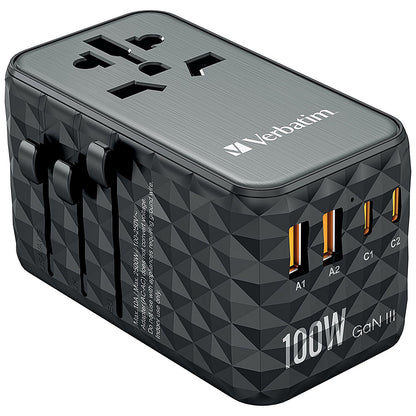 Verbatim UTA-06 GaN III Universal Travel Adapter, 2x USB-C PD 100W + QC4+/2x USB-A QC 3.0, Black