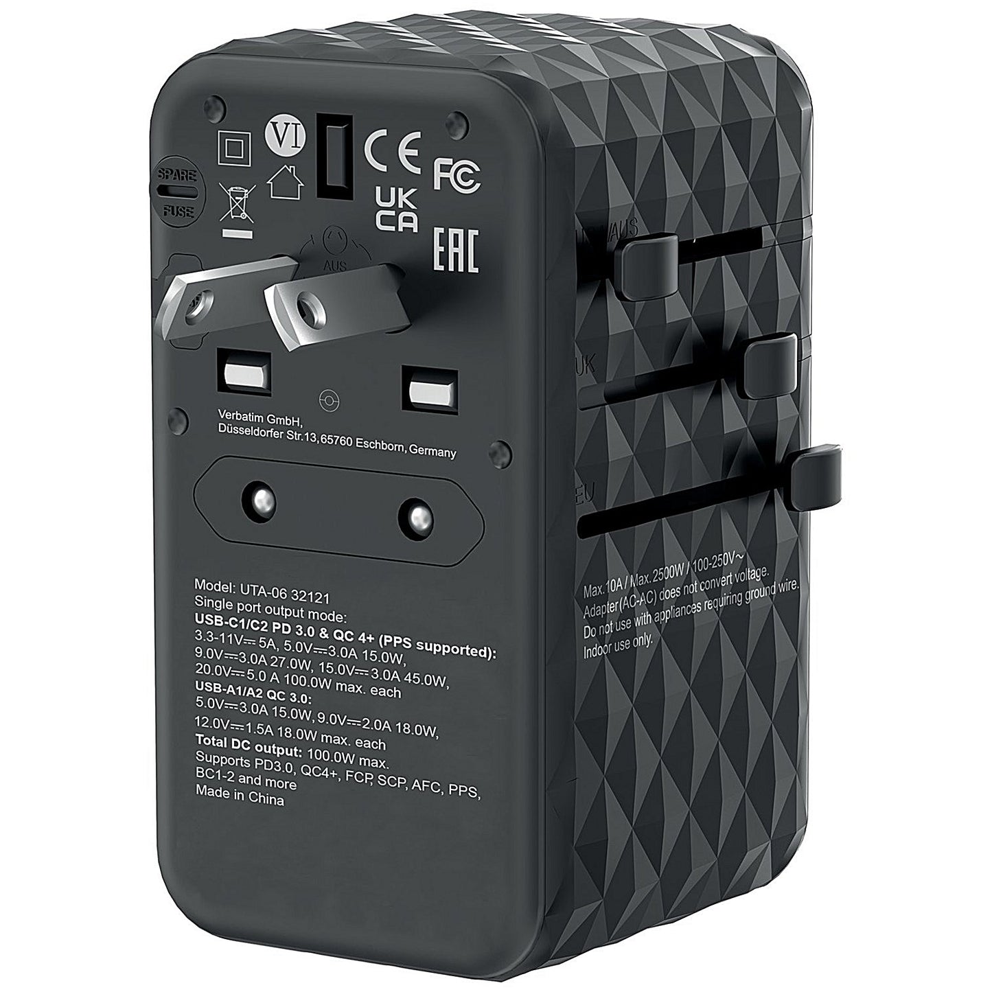 Verbatim UTA-06 GaN III Universal Travel Adapter, 2x USB-C PD 100W + QC4+/2x USB-A QC 3.0, Black