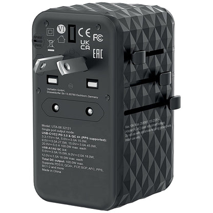 Verbatim UTA-06 GaN III Universal Travel Adapter, 2x USB-C PD 100W + QC4+/2x USB-A QC 3.0, Black