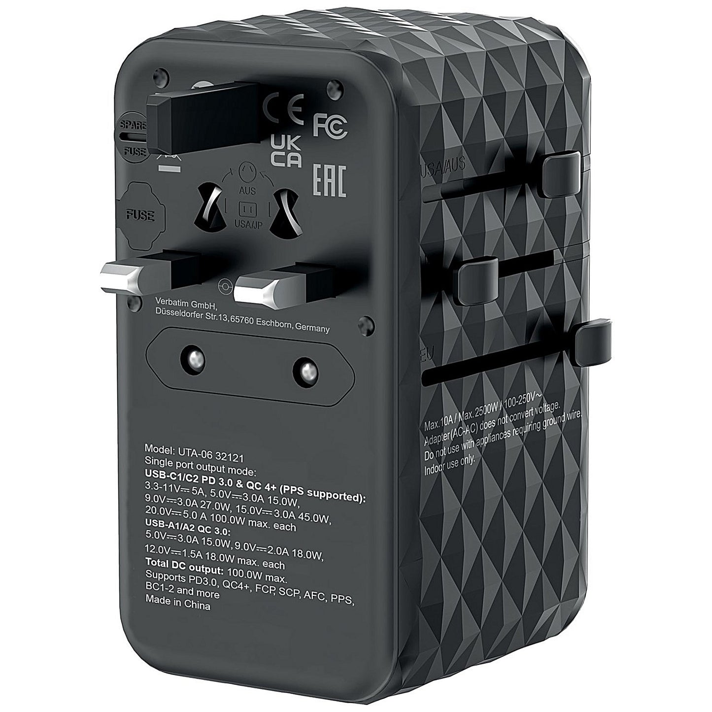 Verbatim UTA-06 GaN III Universal Travel Adapter, 2x USB-C PD 100W + QC4+/2x USB-A QC 3.0, Black