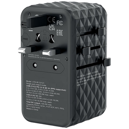 Verbatim UTA-06 GaN III Universal Travel Adapter, 2x USB-C PD 100W + QC4+/2x USB-A QC 3.0, Black