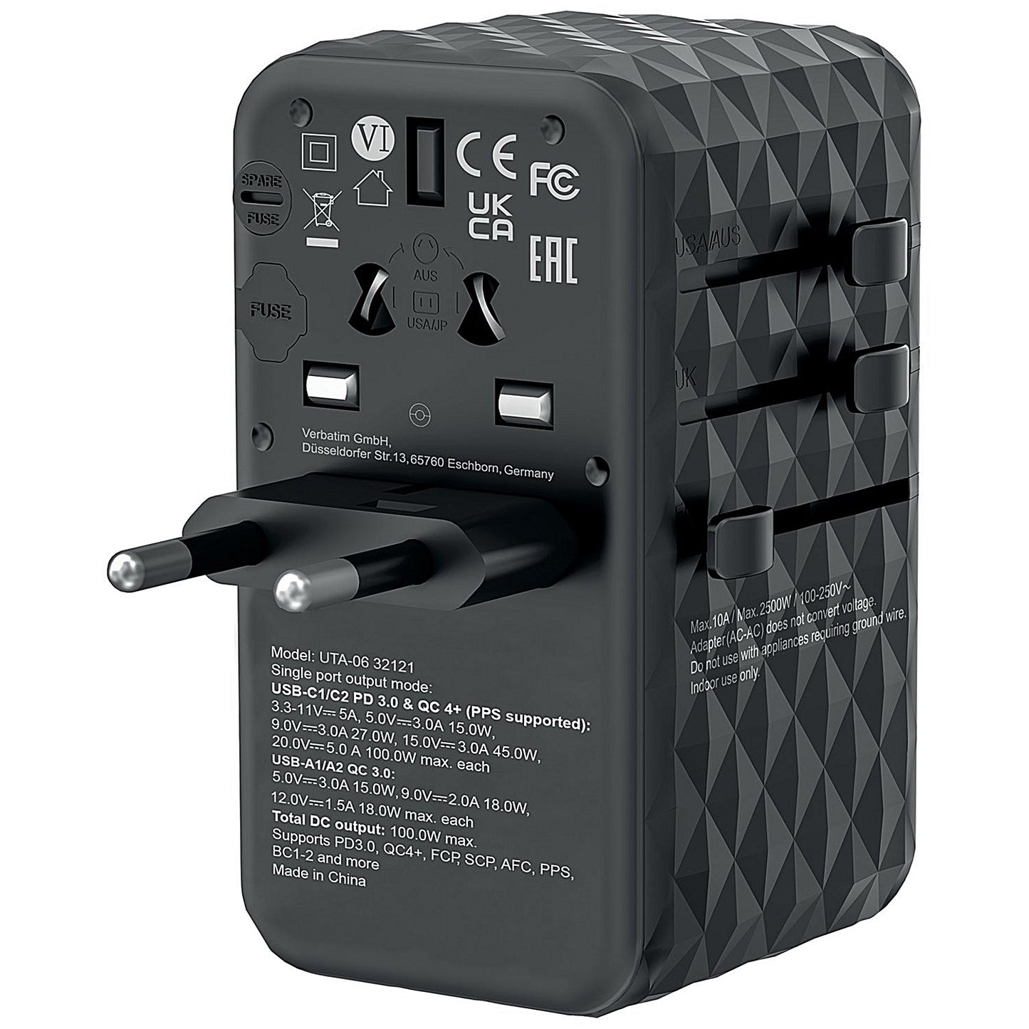 Verbatim UTA-06 GaN III Universal Travel Adapter, 2x USB-C PD 100W + QC4+/2x USB-A QC 3.0, Black
