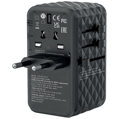 Verbatim UTA-06 GaN III Universal Travel Adapter, 2x USB-C PD 100W + QC4+/2x USB-A QC 3.0, Black