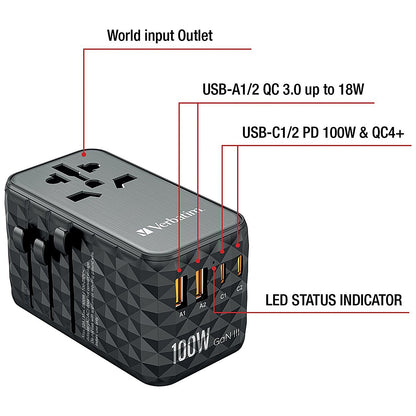 Verbatim UTA-06 GaN III Universal Travel Adapter, 2x USB-C PD 100W + QC4+/2x USB-A QC 3.0, Black