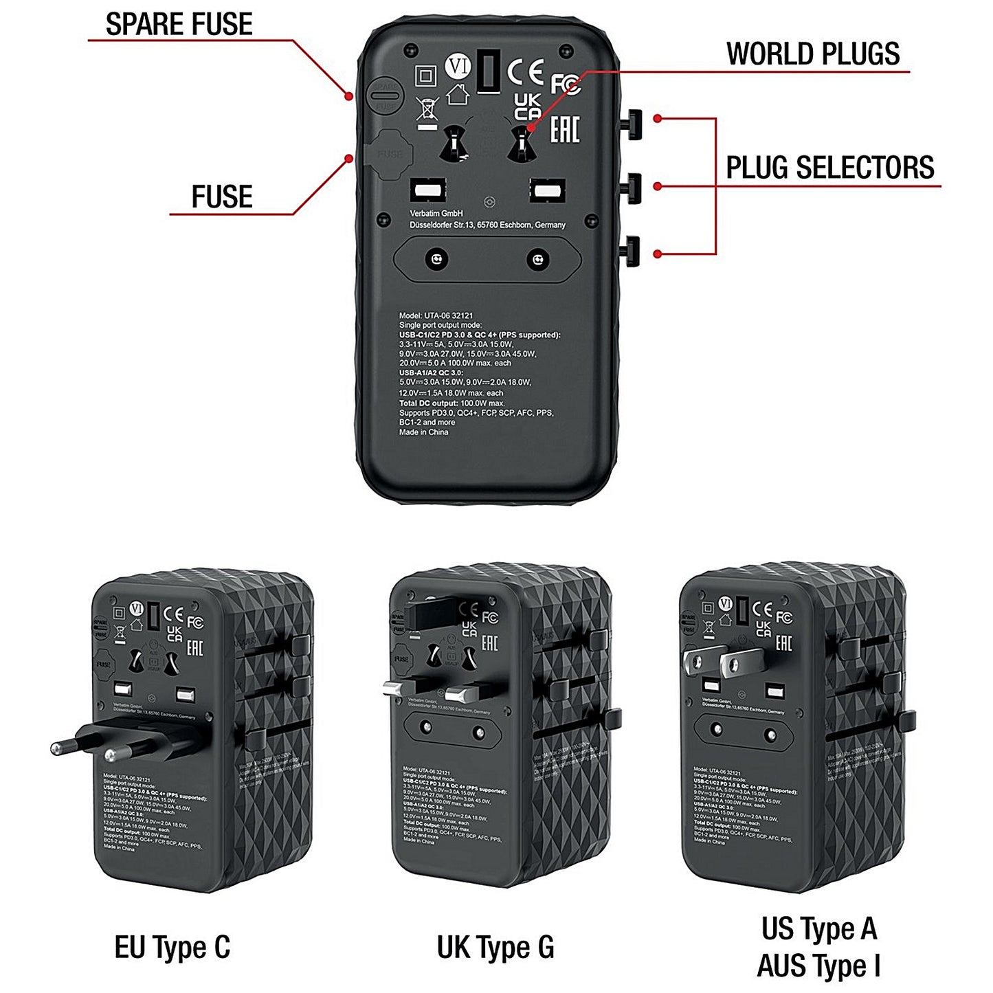 Verbatim UTA-06 GaN III Universal Travel Adapter, 2x USB-C PD 100W + QC4+/2x USB-A QC 3.0, Black
