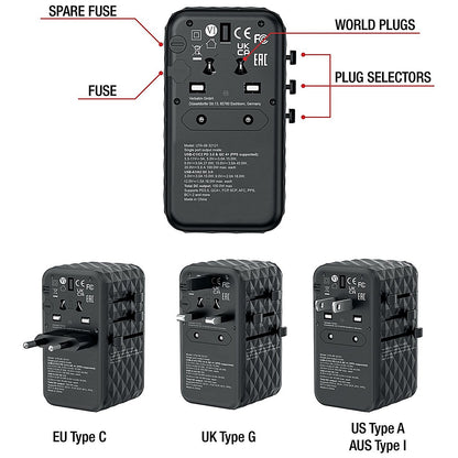Verbatim UTA-06 GaN III Universal Travel Adapter, 2x USB-C PD 100W + QC4+/2x USB-A QC 3.0, Black