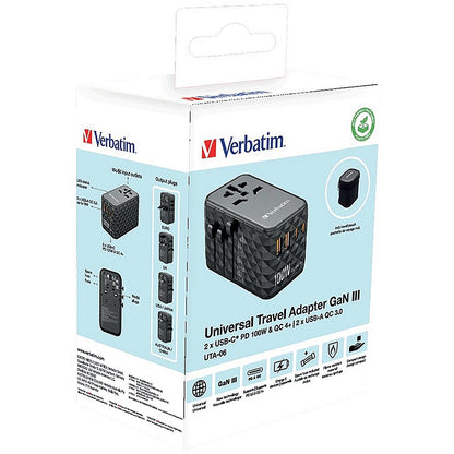 Verbatim UTA-06 GaN III Universal Travel Adapter, 2x USB-C PD 100W + QC4+/2x USB-A QC 3.0, Black