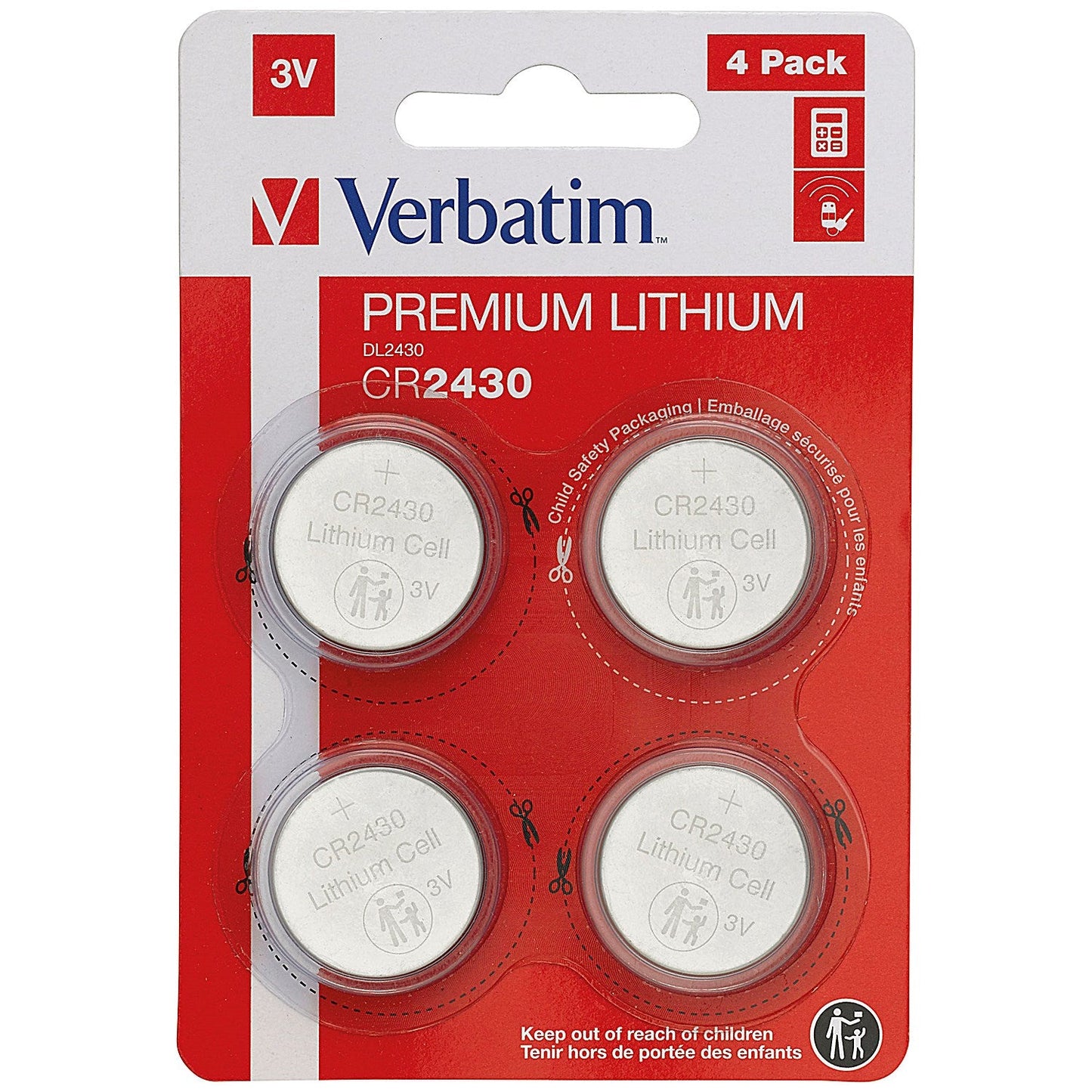 Verbatim CR2430 Premium Lithium Batteries, Pack of 4