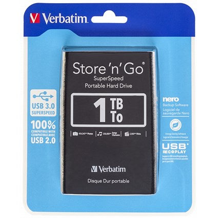 Verbatim Store 'n' Go USB 3.0 Portable Hard Drive, 1TB, Black