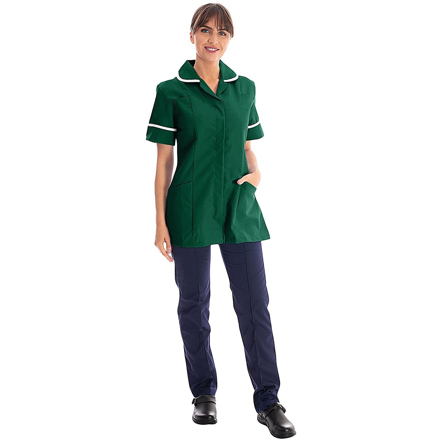 Work in Style Female Nursing Tunic, Bottle Green with White Trim, 36 Inch Easy2Order : WIS20650