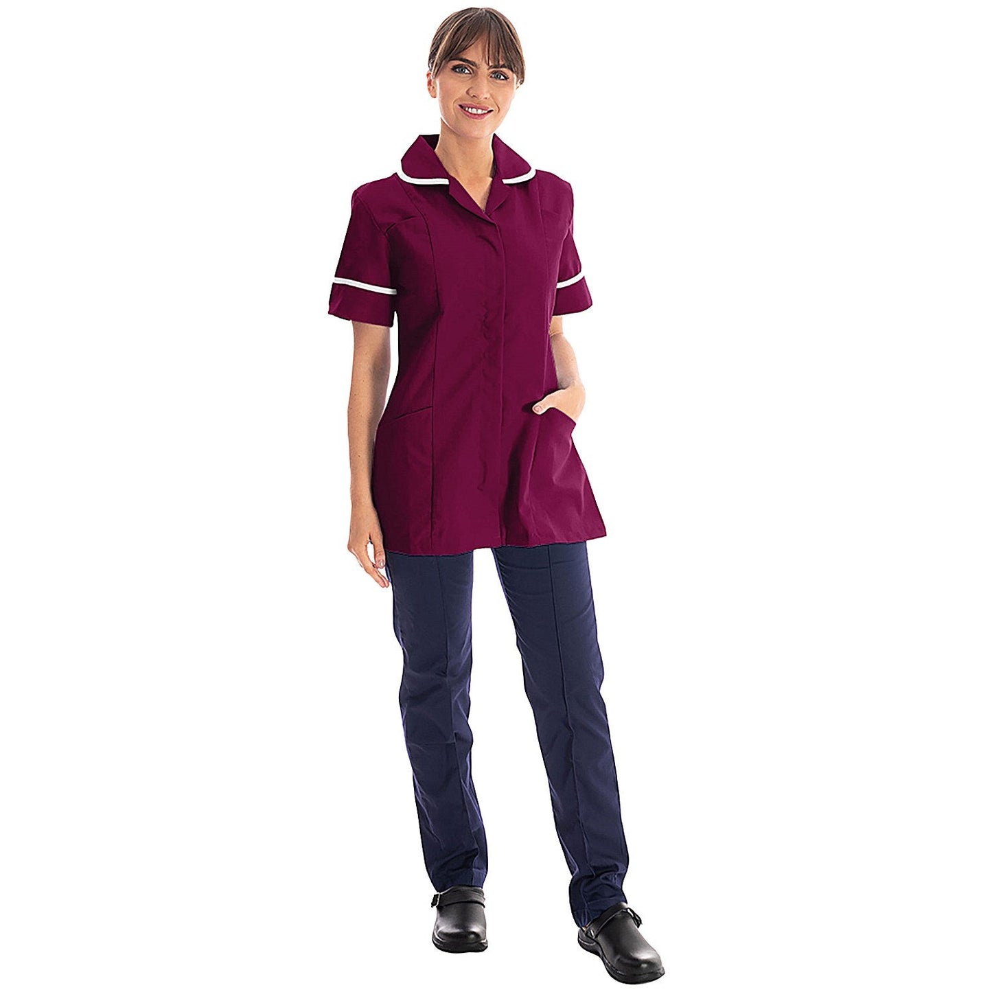 Work in Style Female Nursing Tunic, Maroon with White Trim, 46 Inch Easy2Order : WIS20753