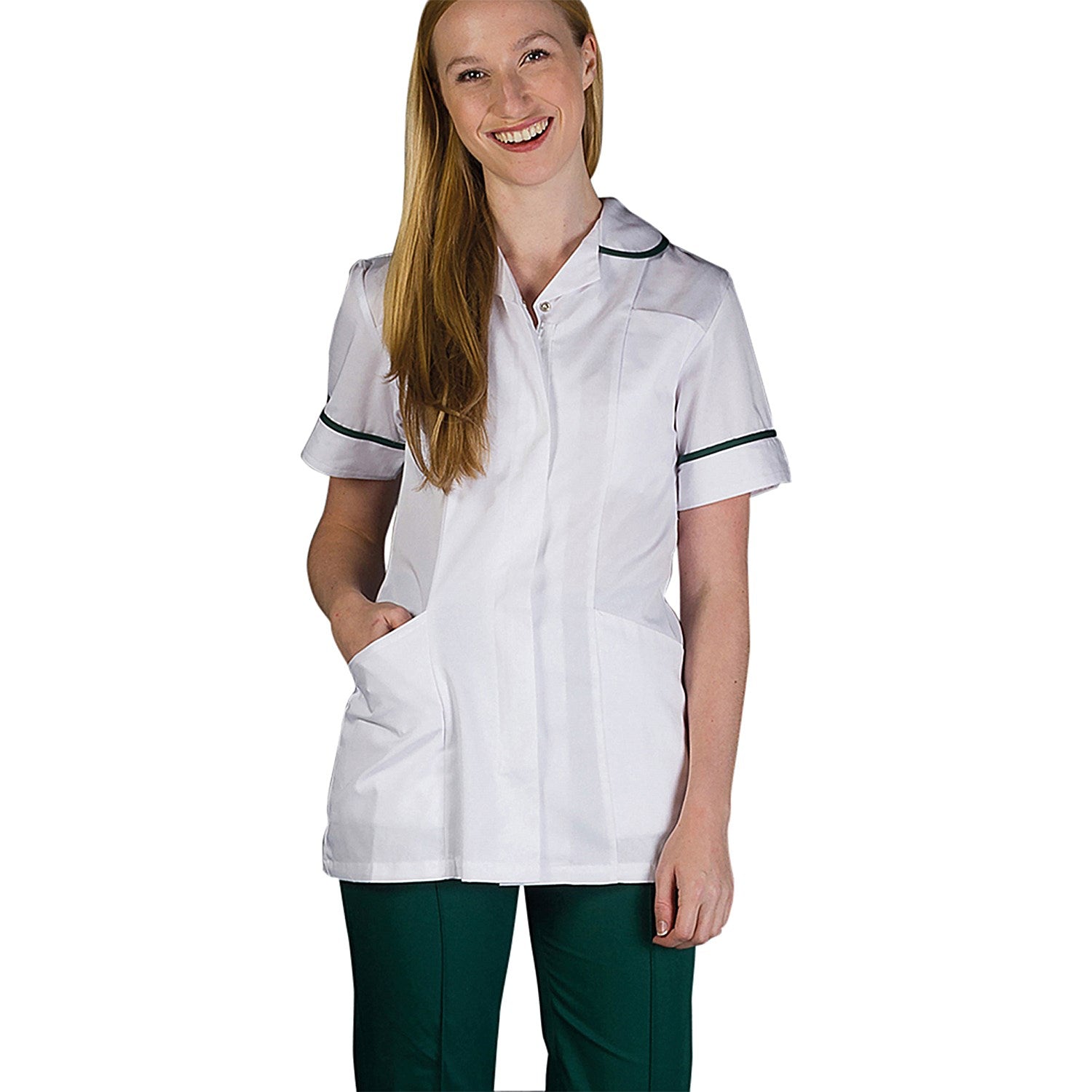 Work in Style Female Nursing Tunic, White with Bottle Green Trim, 34 Inch Easy2Order : WIS20897