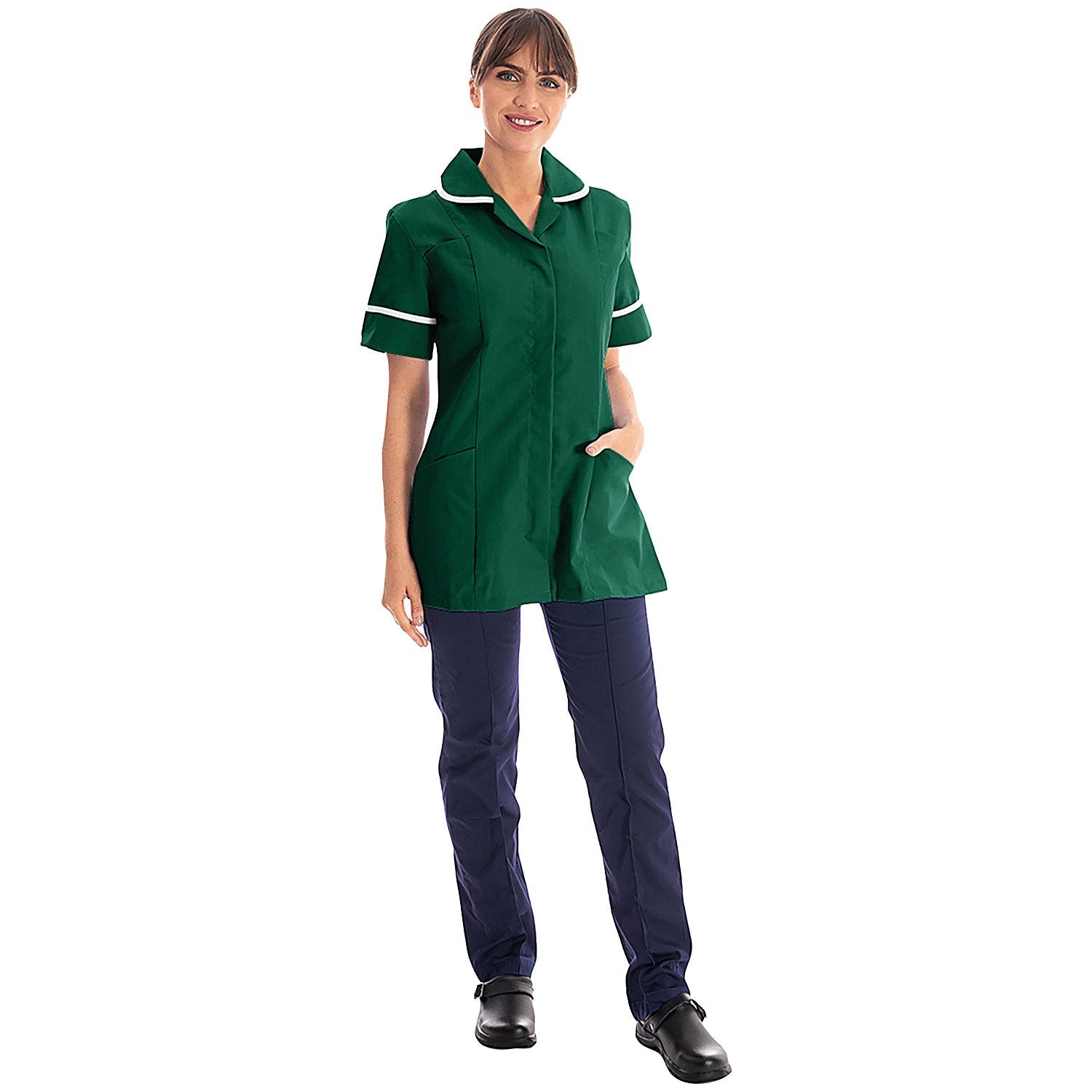 Work in Style Female Nursing Tunic, Bottle Green with White Trim, 52 Inch Easy2Order : WIS22912