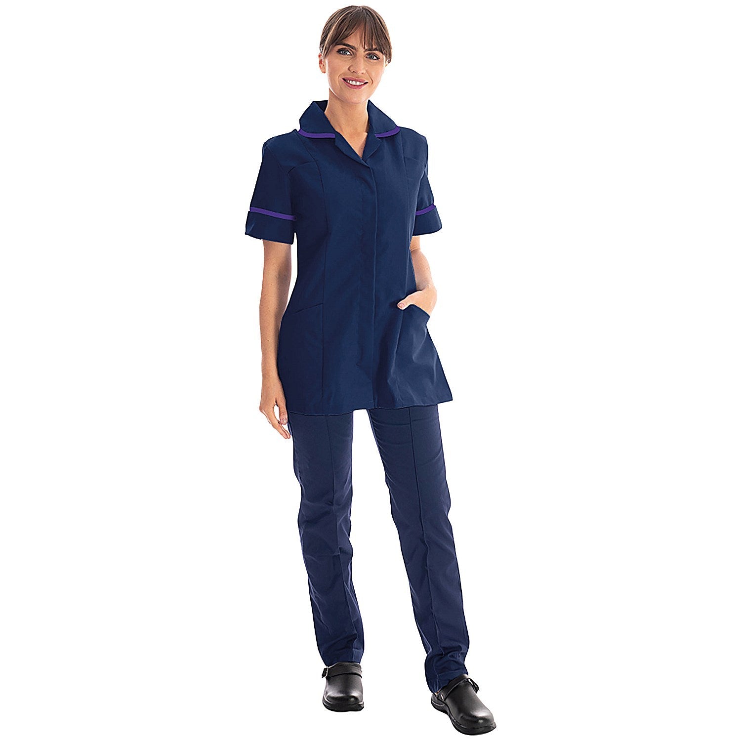 Work in Style Female Nursing Tunic, Navy with Purple Trim, 52 Inch Easy2Order : WIS22948