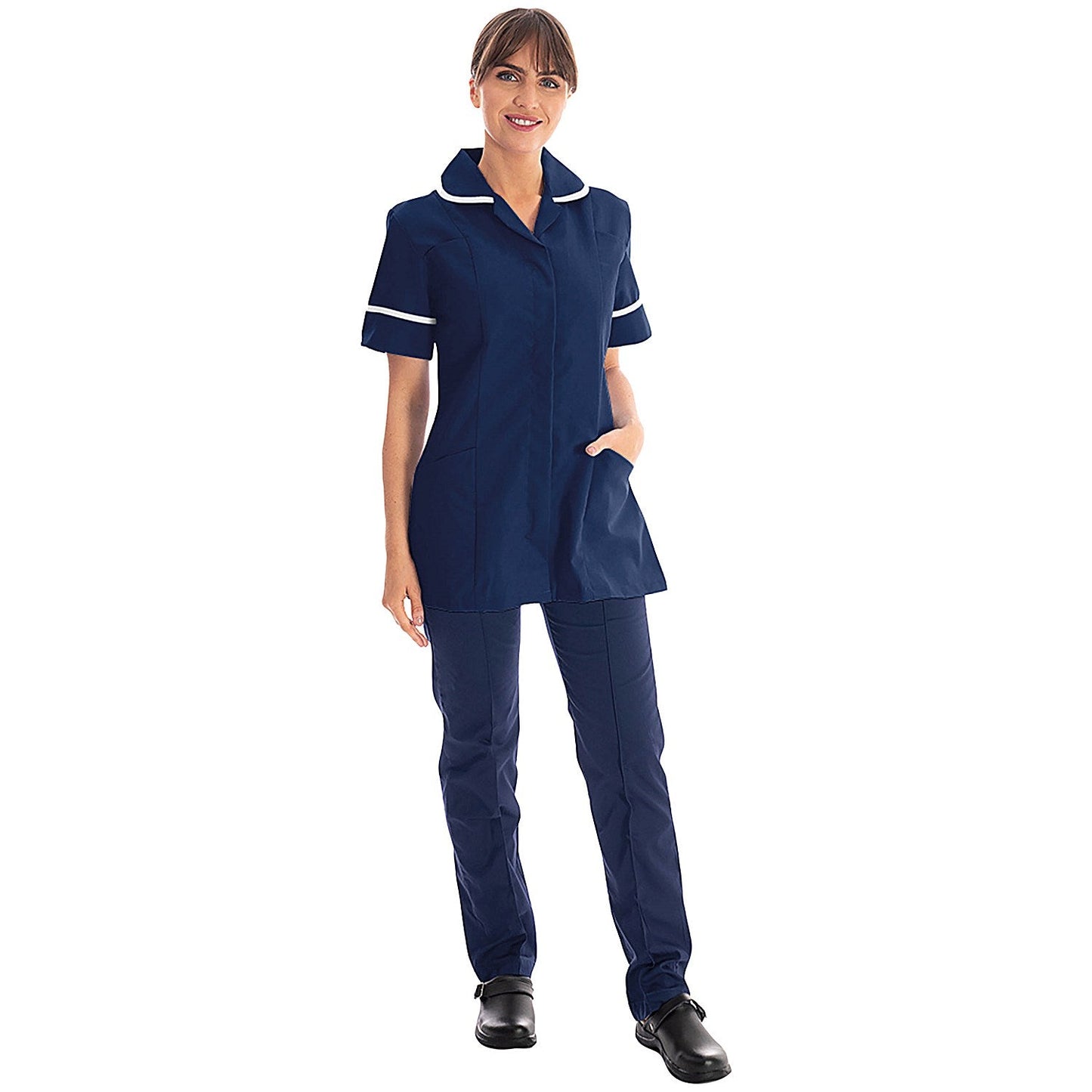 Work in Style Female Nursing Tunic, Navy with White Trim, 42 Inch Easy2Order : WIS22955