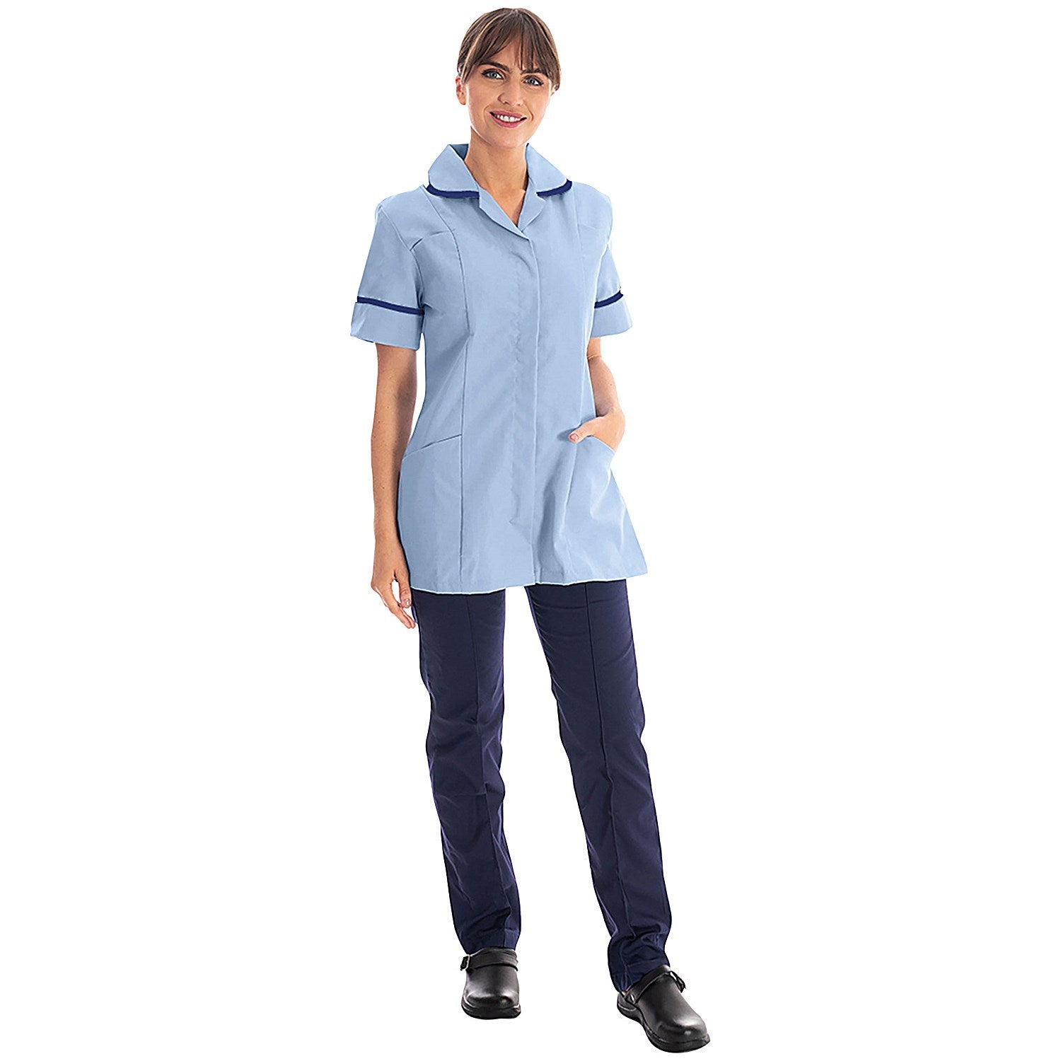 Work in Style Female Nursing Tunic, Sky with Navy Trim, 40 Inch Easy2Order : WIS27769