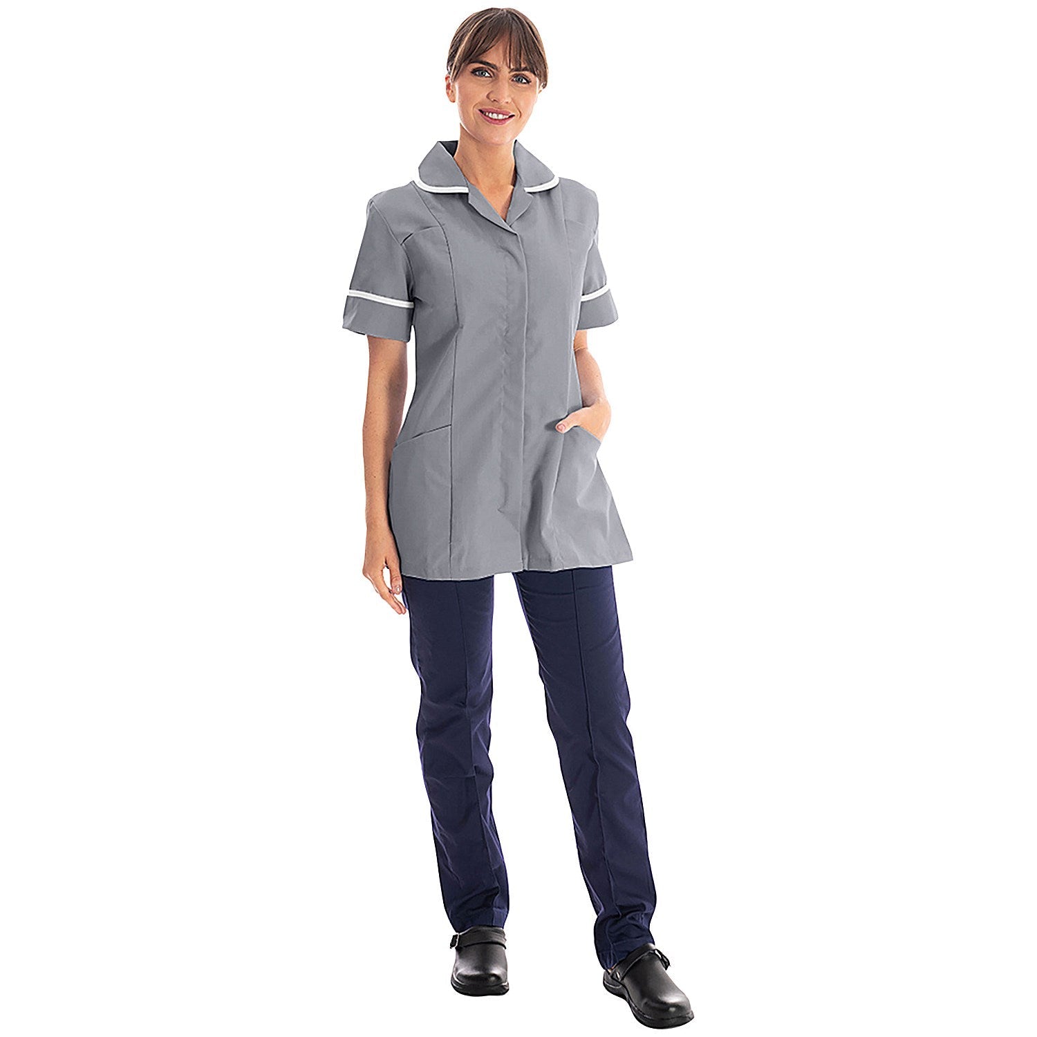 Work in Style Female Nursing Tunic, Storm Grey with White Trim, 40 Inch Easy2Order : WIS45997
