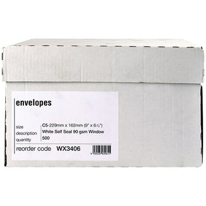 C5 Envelopes, Window, Self Seal, 90gsm, White, Pack of 500