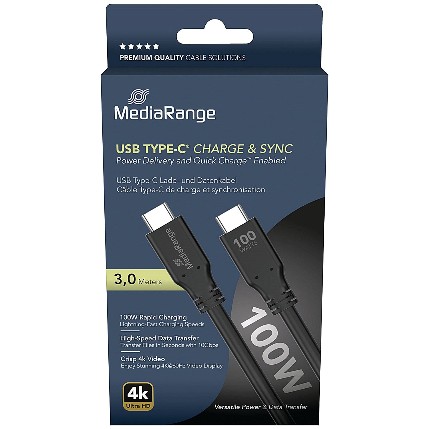 Mediarange USB Type-C Charge And Sync Cable, USB 3.2, 3m Black