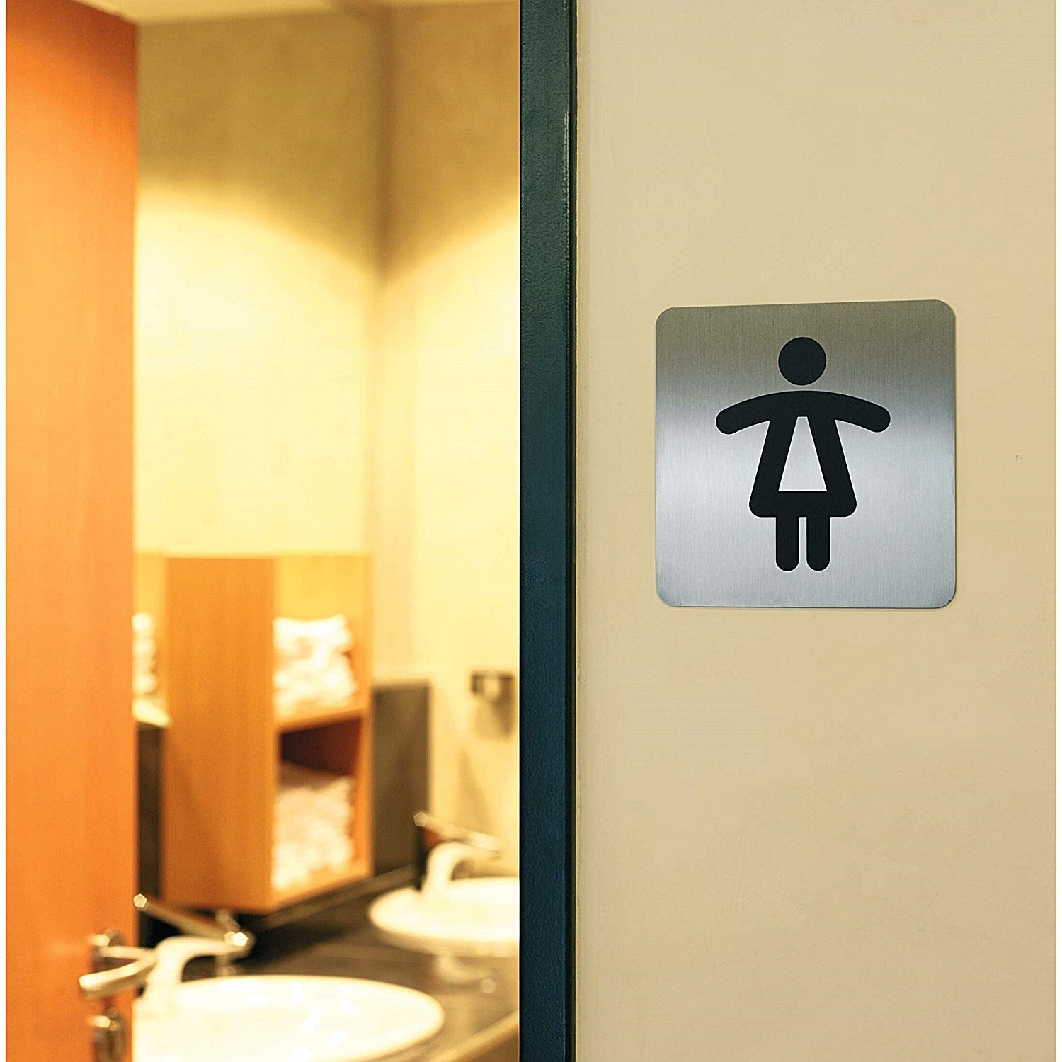 Durable Stainless Steel Adhesive Ladies WC Symbol Square Bathroom Toilet Sign, 150x150mm, Black on Silver Easy2Order : X495623
