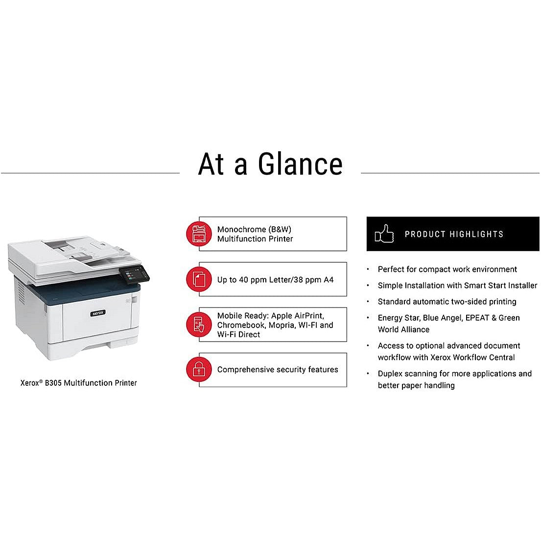 Xerox B305 A4 3-in-1 Wireless Mono Laser Printer, White